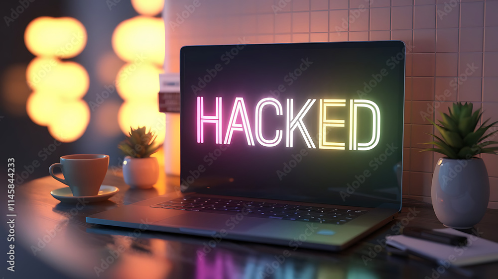 Poster cybersecurity hack, cyber attack warning with digital breach notification, laptop with hacking messa