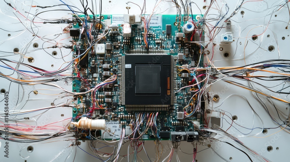 Poster a semiconductor microchip embedded in an electronic device, surrounded by fine wires connecting it t