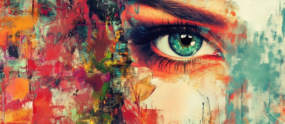 Poster vibrant abstract background featuring an eye with multicolored splashes and a textured grunge effect