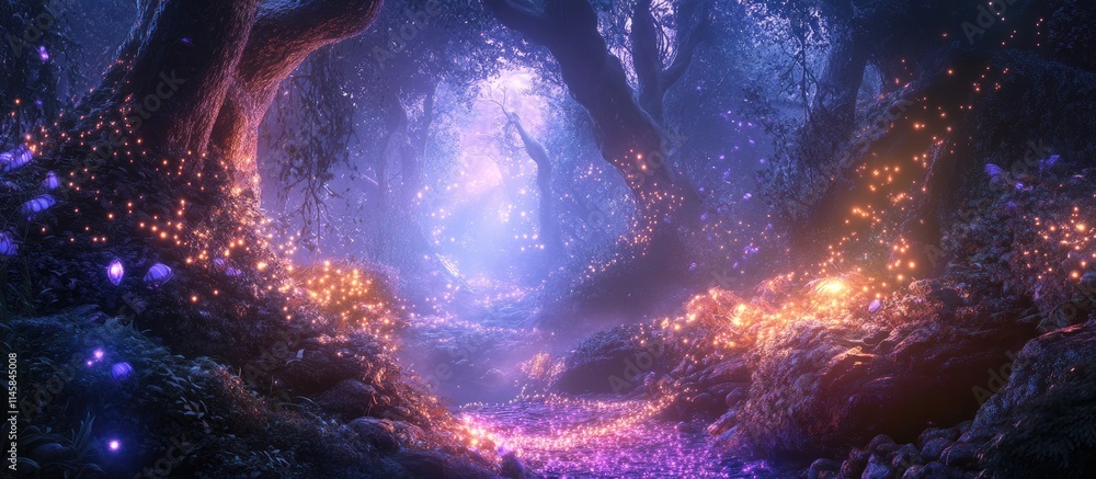 Poster magical forest pathway illuminated by colorful fairy lights creating an enchanting atmosphere in a m