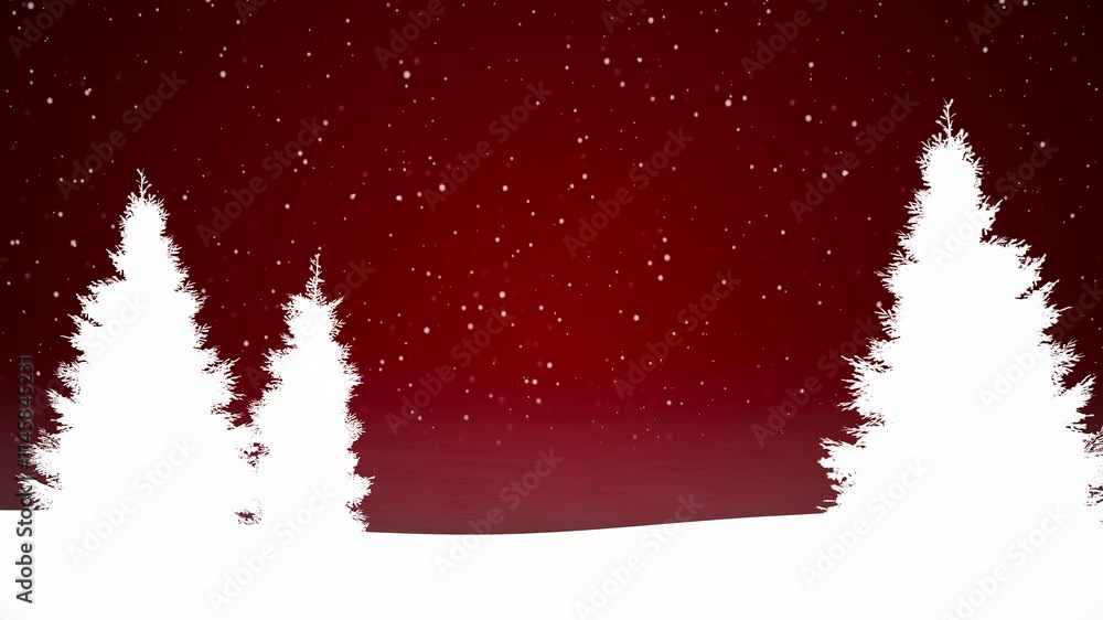 Poster video animation of a winter landscape with fir trees and falling snow on a red background - seamless