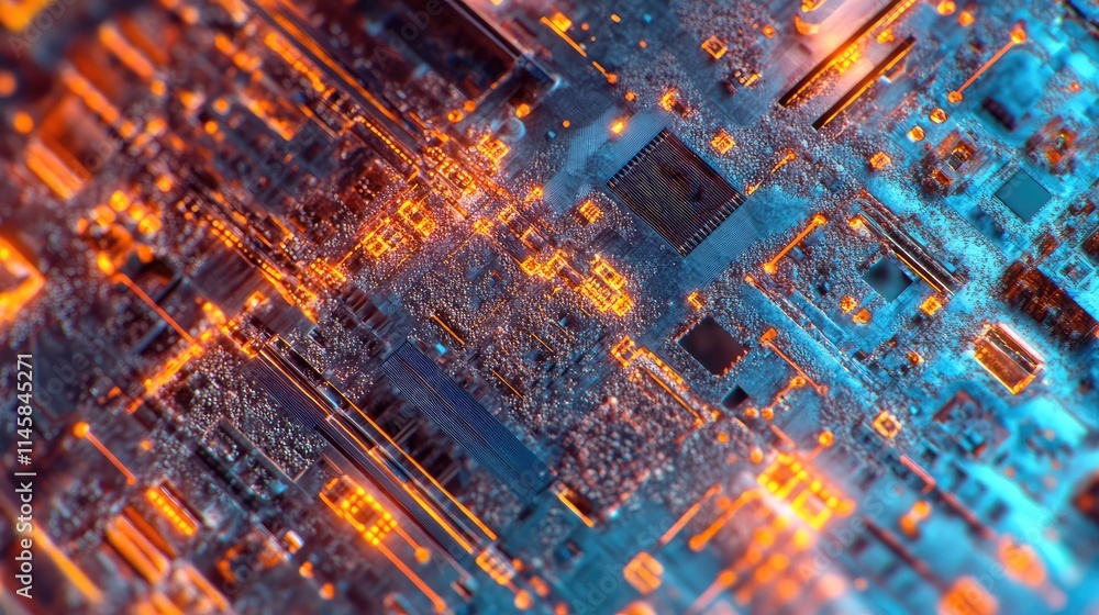 Poster a semiconductor microchip under a microscope, revealing the tiny transistors and interconnecting pat