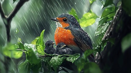 Protective Robin Shielding Nestlings from Rain in Woodland Nest