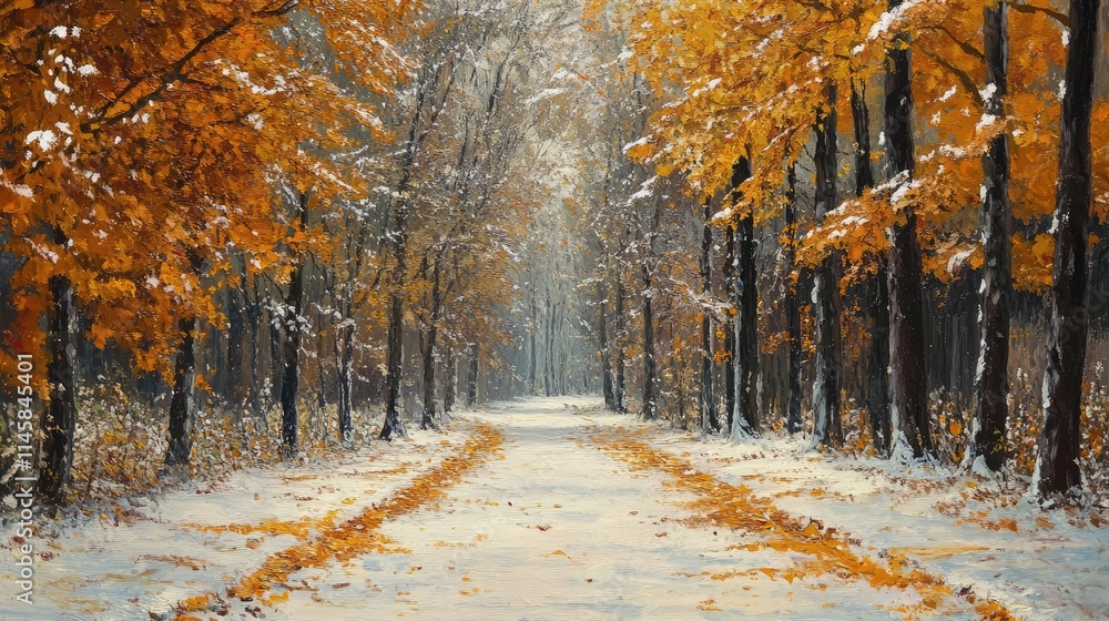 Poster autumn trees lining a path with fresh snow covering the ground and green leaves creating a serene se