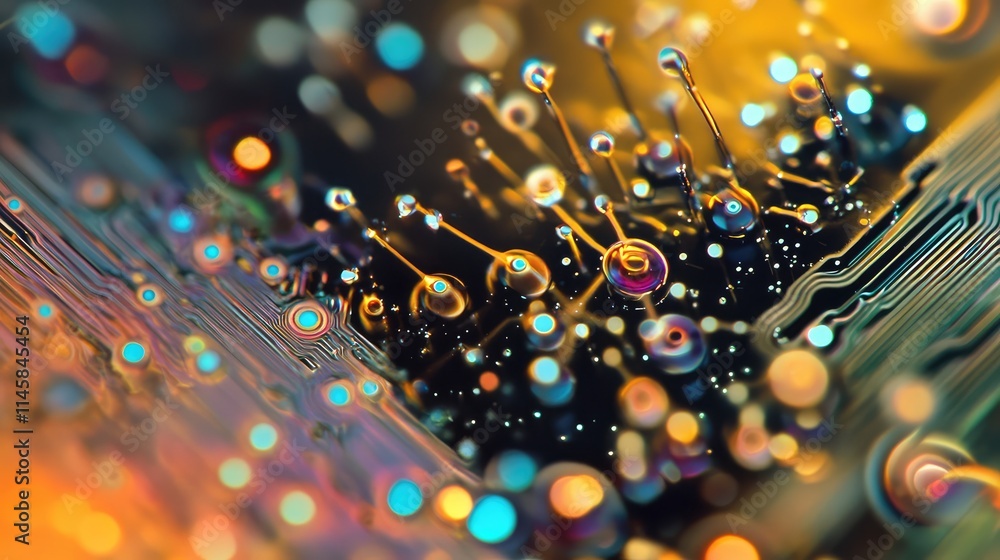 Poster a semiconductor microchip under a microscope, revealing the tiny transistors and interconnecting pat