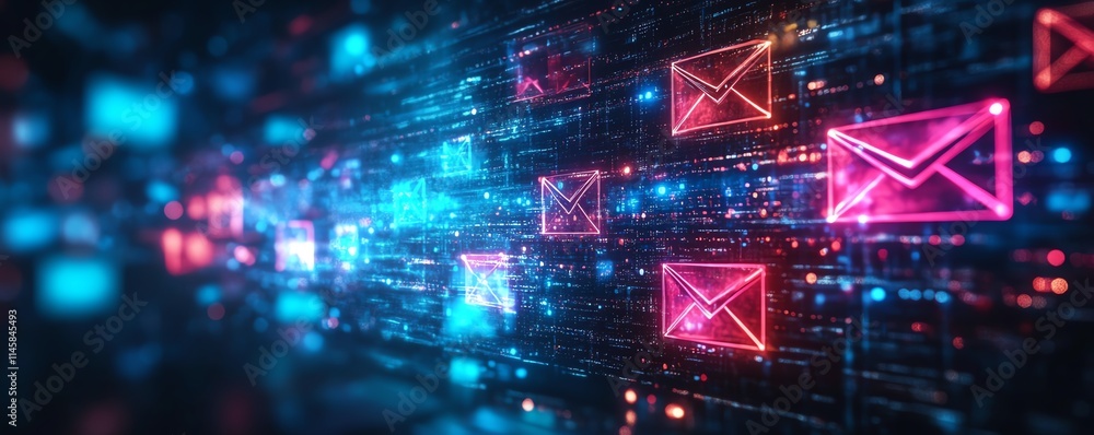 Poster vibrant digital email communication concept with a laptop and envelopes, symbolizing the flow of onl