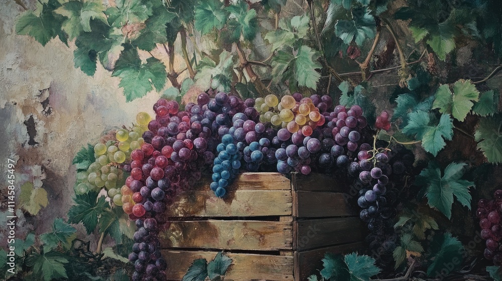 Poster vibrant assortment of grapes in a rustic wooden box surrounded by lush green vines in a serene viney