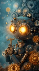 Intricate Steampunk Robot Character Surrounded by Gears and Cogs, Radiating Mystery with Glowing Eyes in a Dreamlike, Whimsical Environment