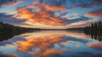 Painterly Sky with Swirling Clouds over Reflective Lake