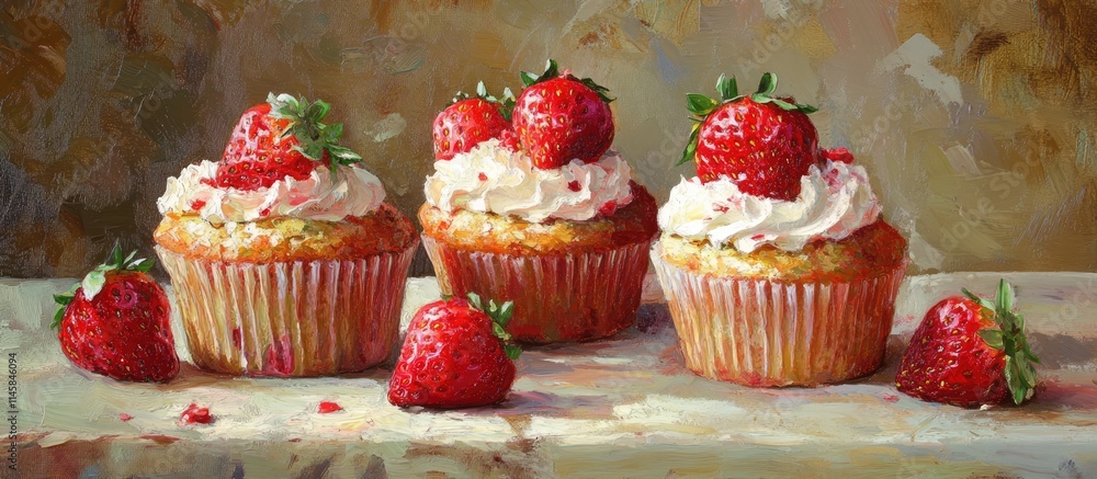 Poster strawberry topped muffins with creamy frosting showcased on a rustic table setting for a delightful 