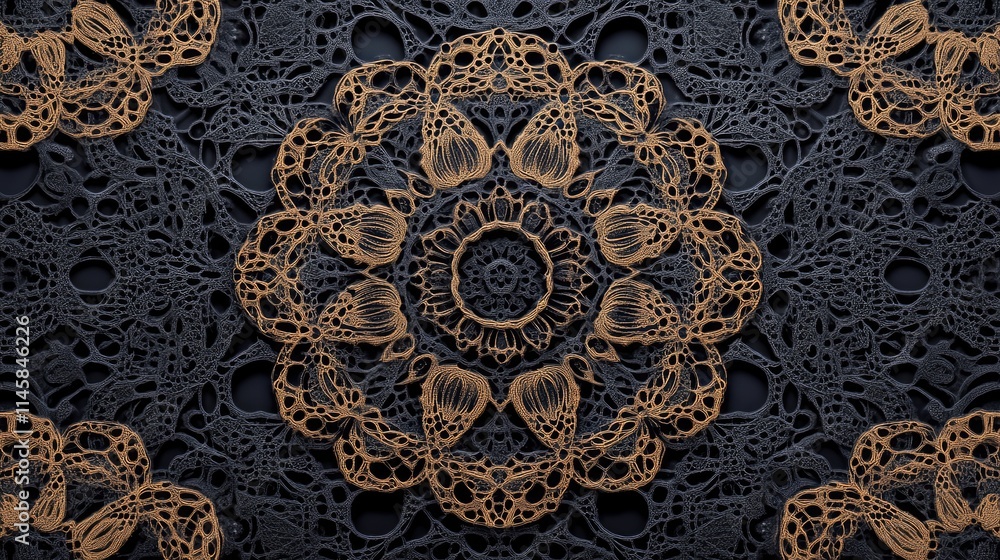 Poster intricate ornamental lace texture pattern with a decorative round design on a dark background. ideal