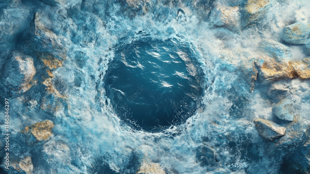 Poster circular sea stone mosaic surrounded by turbulent water creating a dynamic and serene coastal landsc