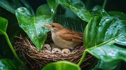 Caring Bird Shielding Chicks from Rain in Lush Nest