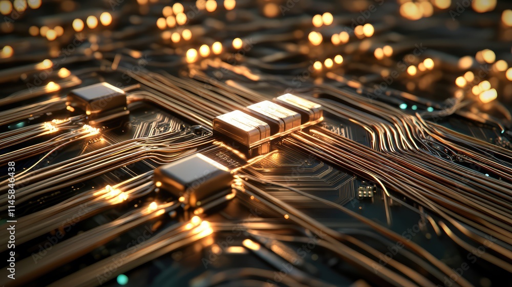 Poster a side view of microchip processors linked by gold wires, forming a compact network in a high-perfor