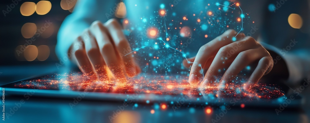 Leinwandbilder closeup of hands interacting with a tablet, with email and message icons hovering above, symbolizing
