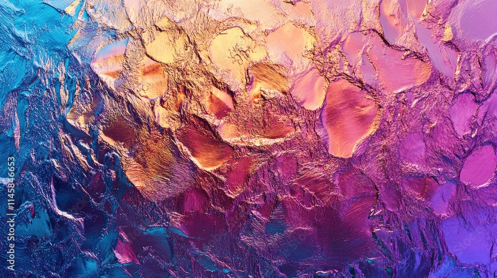 Poster vibrant iridescent foil texture with metallic hues and wrinkles in colorful abstract design