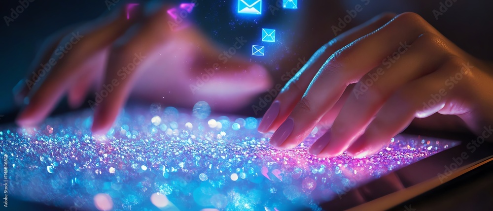 Fototapete Closeup of hands interacting with a tablet, with email and message icons hovering above, symbolizing the future of digital communication and technology