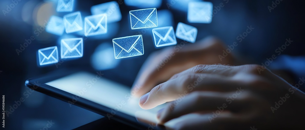 Leinwandbilder closeup of hands interacting with a tablet, with email and message icons hovering above, symbolizing