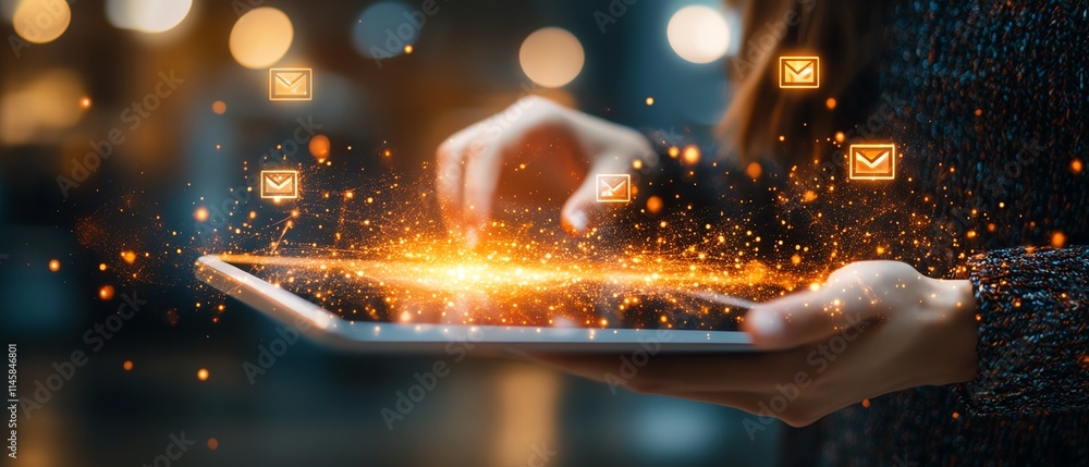 Poster closeup of hands interacting with a tablet, with email and message icons hovering above, symbolizing