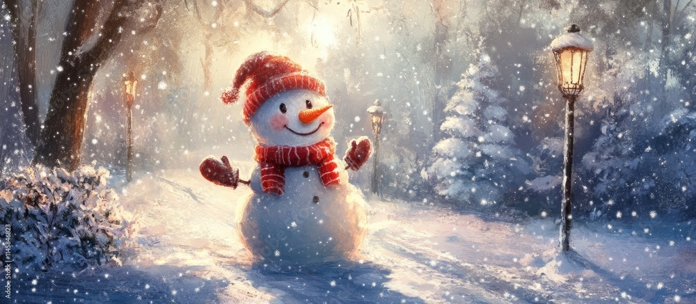 Poster enchanting winter scene featuring a cheerful snowman surrounded by a snowy forest with gentle snowfa