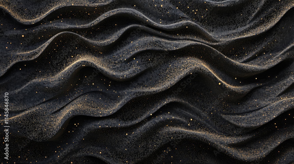 Poster abstract textured landscape of flowing waves with golden particles on a dark background suitable for
