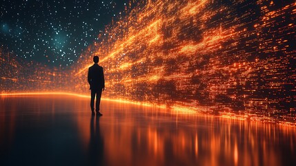 Fototapeta premium Man observes a digital data stream wall