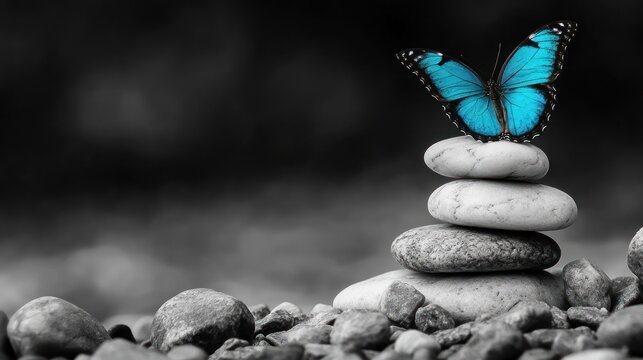 Blue butterfly perched atop a stack of grey stones against a blurred background.