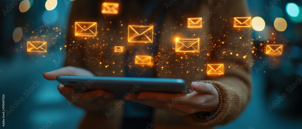 Leinwandbilder closeup of hands on a tablet, with floating email and message icons, symbolizing the integration of 