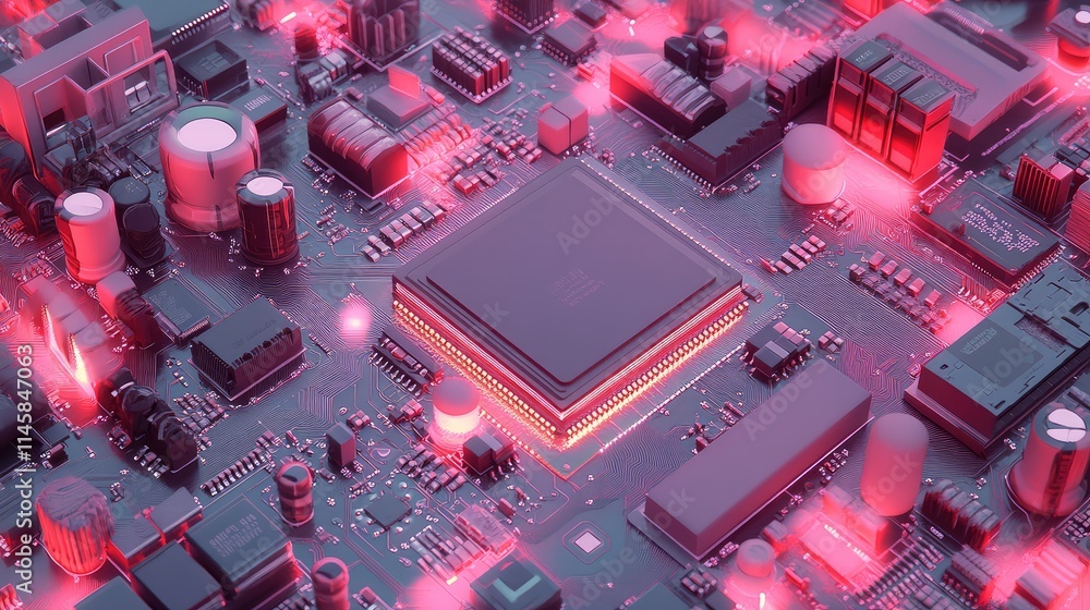 Poster a silicon microchip embedded in a circuit board, surrounded by capacitors, resistors, and transistor