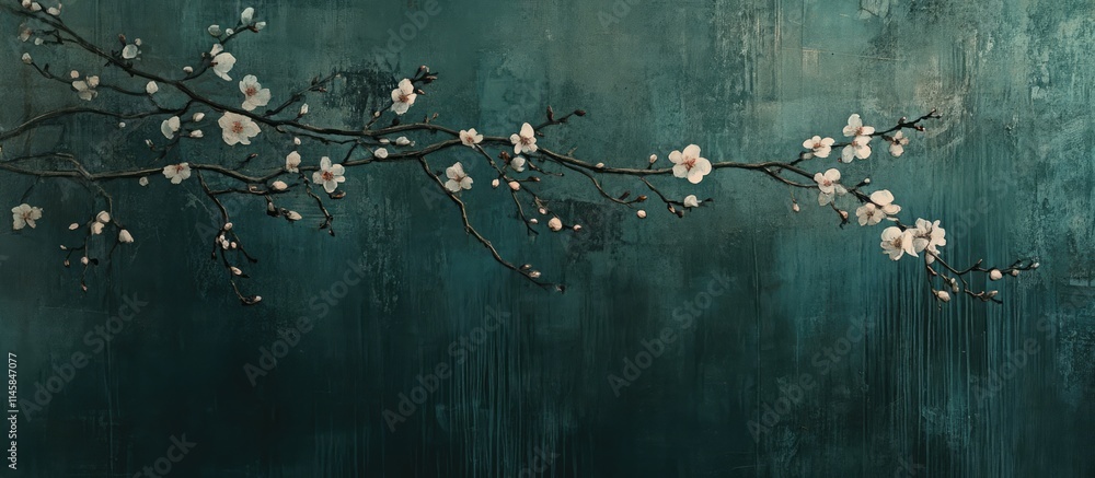 Aufkleber blossoming branches on a serene teal backdrop creating a tranquil spring atmosphere for decor and ba