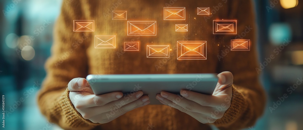 Poster closeup of hands on a tablet, with floating email and message icons, symbolizing the integration of 