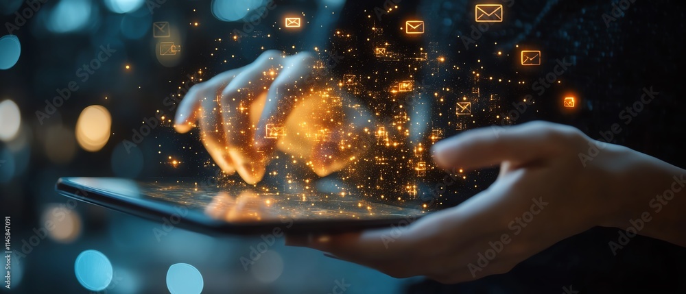 Poster Closeup of hands using a tablet with email and message icons floating, symbolizing modern communication and technology