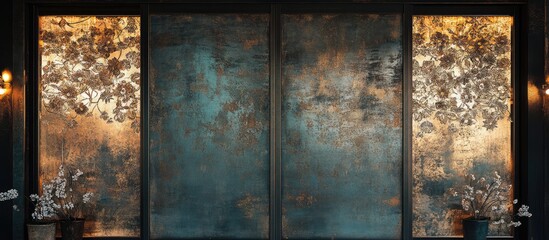 Rustic vintage illuminated steel sliding door with intricate designs perfect for architectural restoration and home decor enhancement