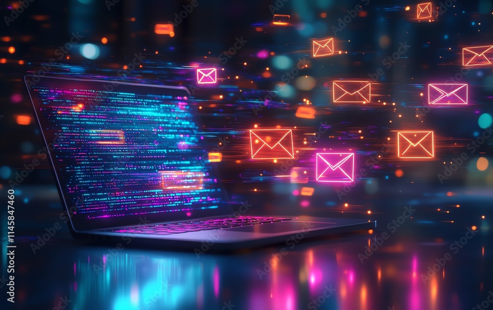 Poster colorful digital communication concept with a laptop and envelopes, symbolizing the power of online 