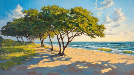 Serene coastal landscape featuring lush trees casting shadows on sandy beach under a bright sky with gentle waves in the background