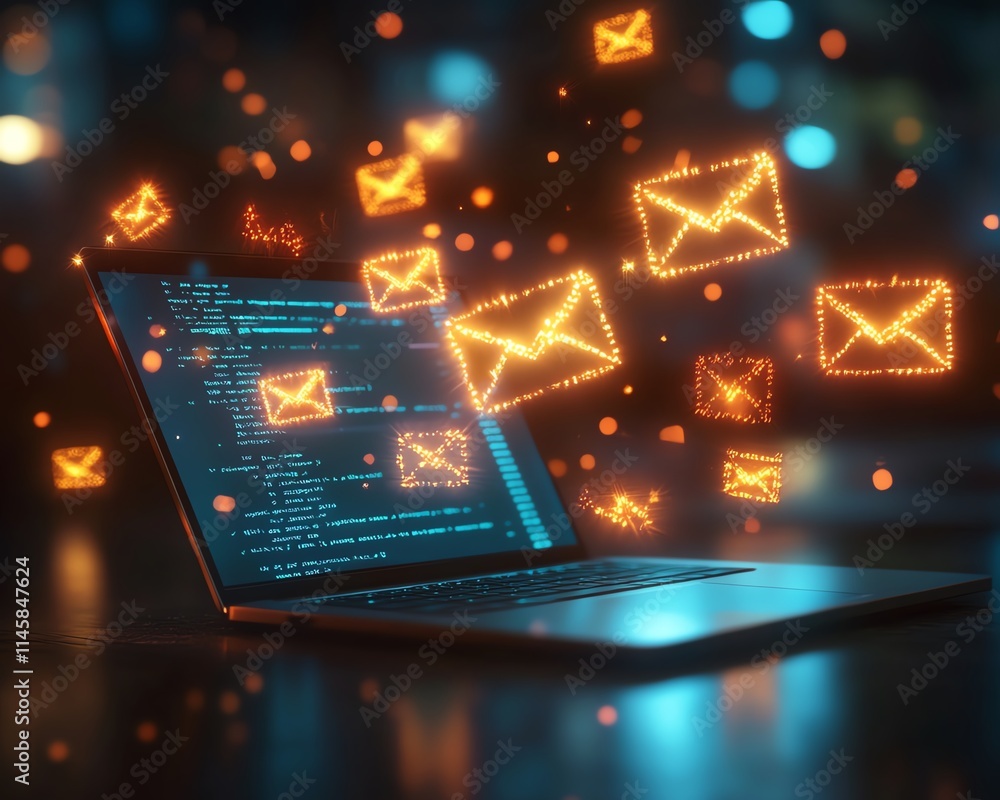 Poster Colorful digital concept of email communication with a laptop and envelopes, representing the modern world of online messaging and connectivity