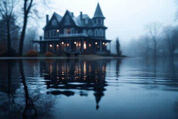 Fototapeta premium Mysterious Victorian-style house by a lake surrounded by misty trees at twilight