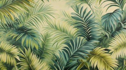 Lush tropical palm leaves in teal, green, and yellow on a beige background.