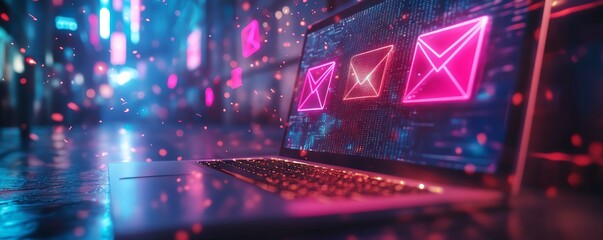 Colorful digital email communication concept with a laptop and envelopes, symbolizing online messaging, notifications, and connectivity