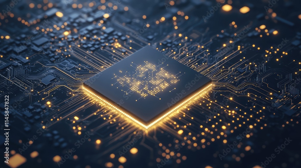 Poster a silicon wafer showcasing a grid of microchips, visually connected by fine conductive lines to form