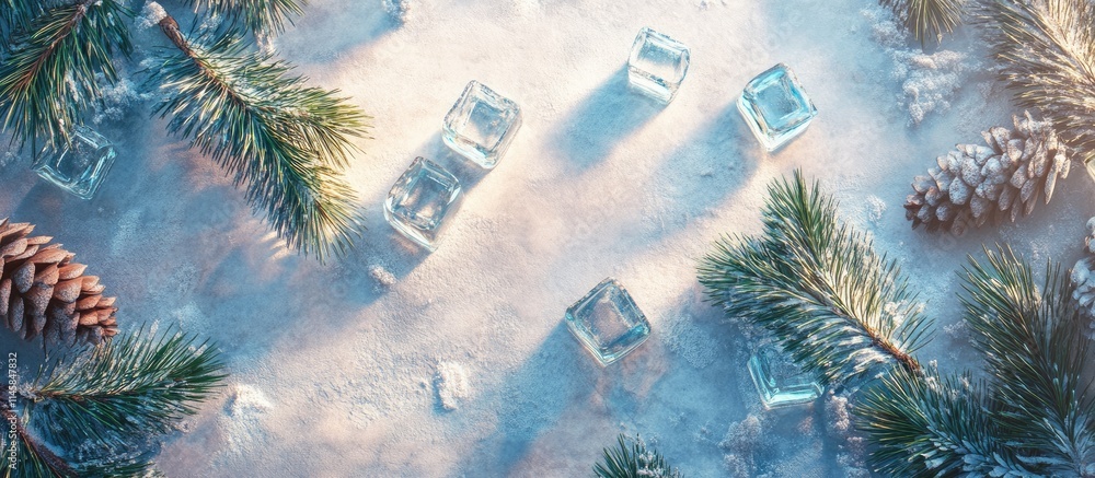 Aufkleber winter scene with spruce branches and ice cubes creating a serene and frosty atmosphere for holiday 
