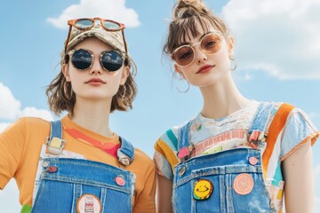 Obraz premium Two Trendy Young Women Wearing Colorful Summer Fashion with Sunglasses Under Blue Sky, Enjoying Sunshine Outdoors with Cheerful Expressions