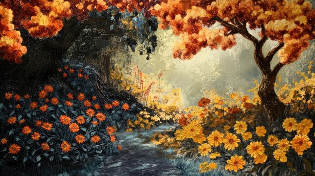 vibrant chrysanthemum garden with autumn foliage and tranquil waterway in serene landscape setting