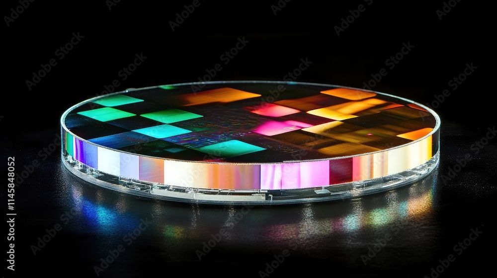 Poster a silicon wafer showcasing multiple digital microchips, reflecting colorful light patterns under pre