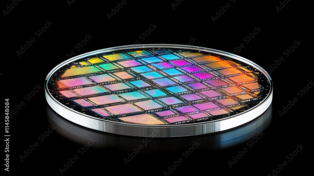 Aufkleber a silicon wafer showcasing multiple digital microchips, reflecting colorful light patterns under pre