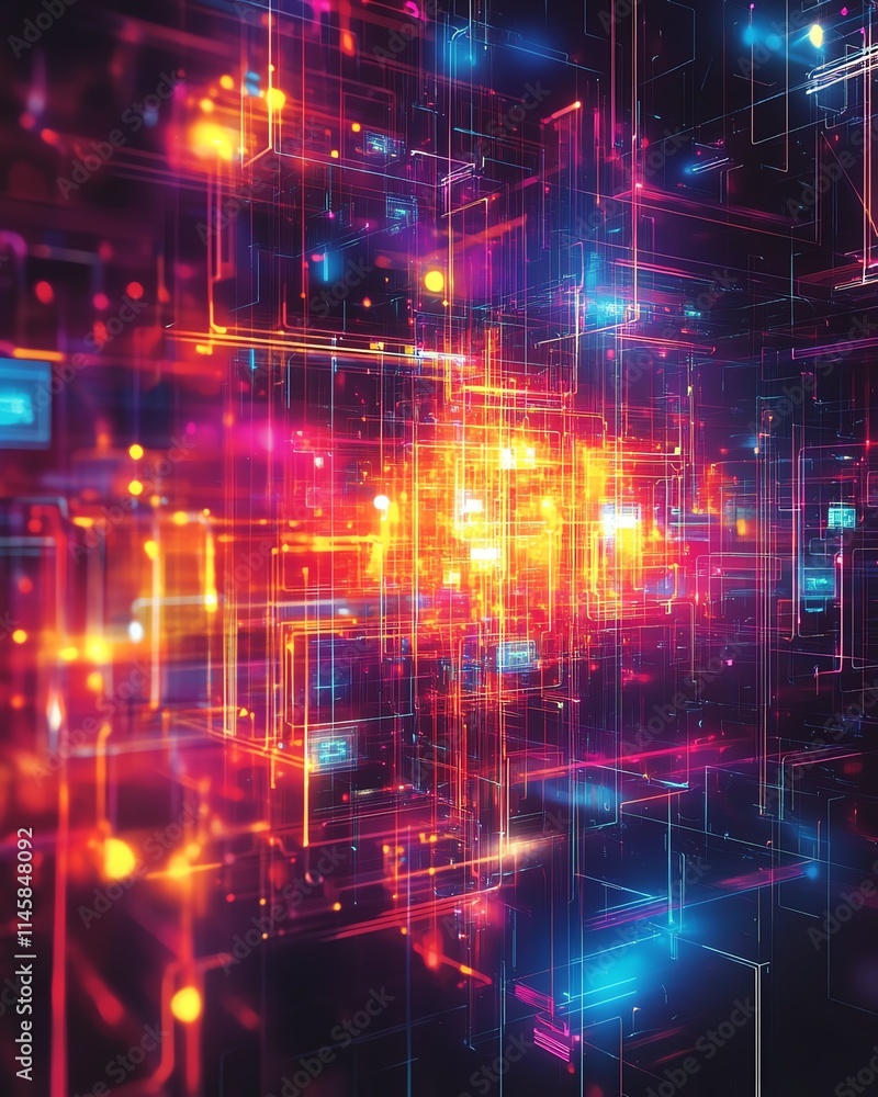 Poster colorful glowing geometric shapes in abstract digital art, showcasing a futuristic technology theme 