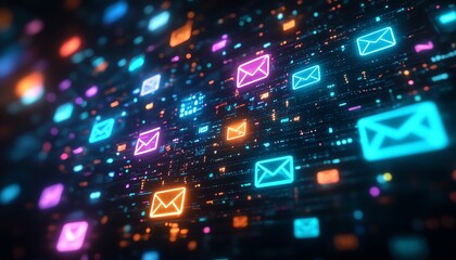 Colorful icons of email, messages, and technology on a dark background, showcasing modern digital communication in the tech and social media landscape