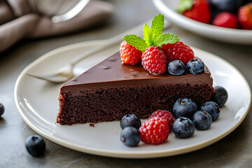 A decadent slice of chocolate cake garnished with raspberries, blueberries, and mint leaves.