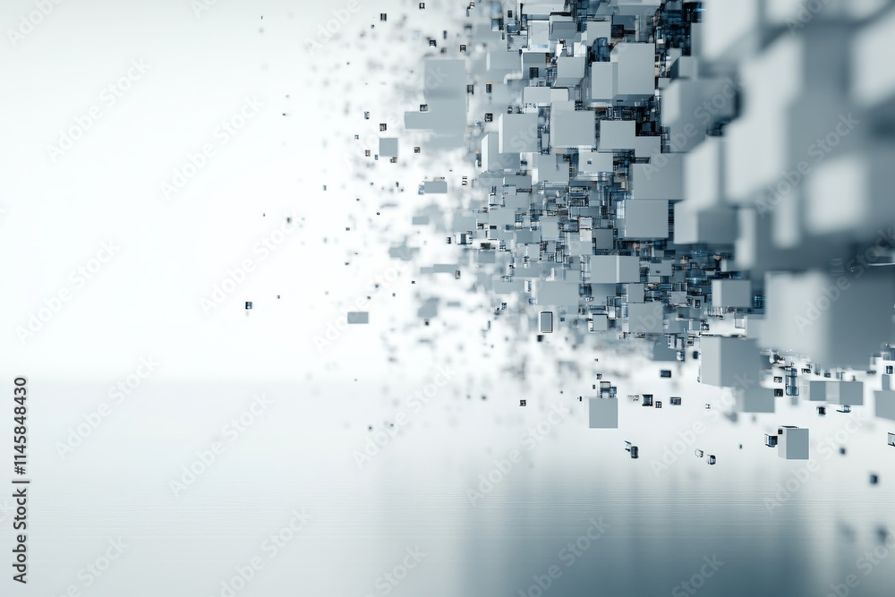 Poster dynamic abstract representation of fragmented cubes creating a sense of motion in a digital landscap