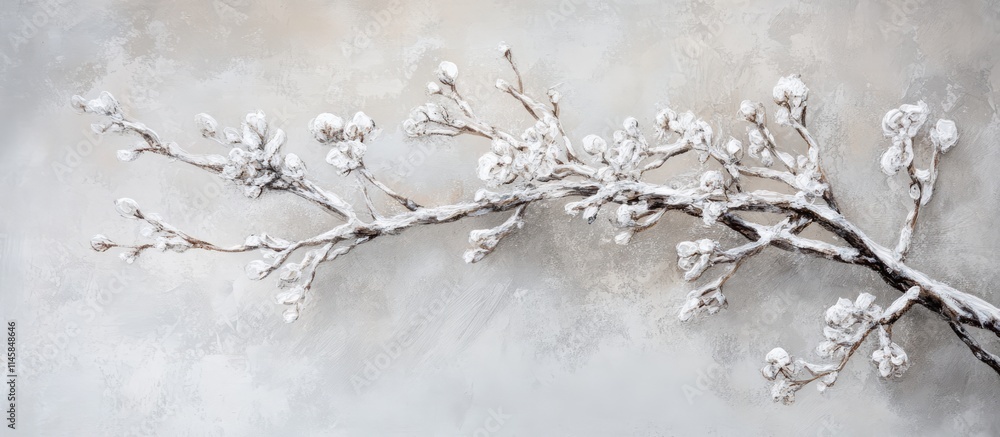 Poster winter branches adorned with snow and frost against a soft gray backdrop create a serene and magical